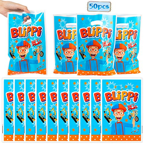 Haooryx Blippi Party Plastic Bags 50pcs Party Gift Bag Goodies Candy Treat Bag for Kids Blippi Theme Birthday Party Supplies Children Rewards Halloween Gift Baby Shower Decoration Pack