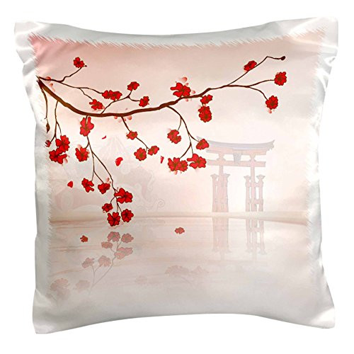 3dRose pc_78460_1 Pretty Cherry Blossoms Against A Peaceful Oriental Scene-Pillow Case, 16 by 16"