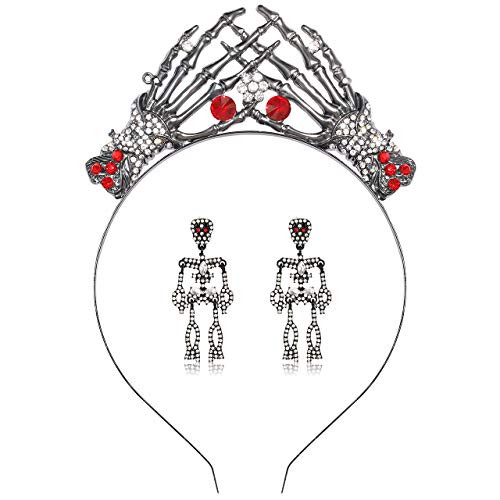 NLCAC Halloween Headband Red Stone Embellished Skull Hand Statement Headband for Halloween Party Red Stone