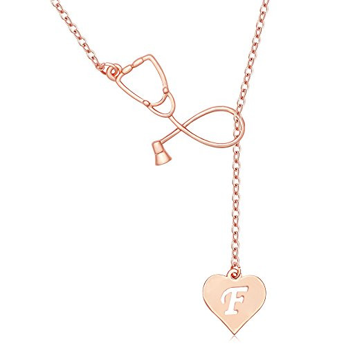 MANZHEN Rose Gold Plated Medicine Stethoscope Heart Initial Alphabet Letter Necklace for Doctor Nurse F MANZHEN Rose Gold Plated Medicine Stethoscope Heart Initial Alphabet Letter Necklace for Doctor Nurse F
