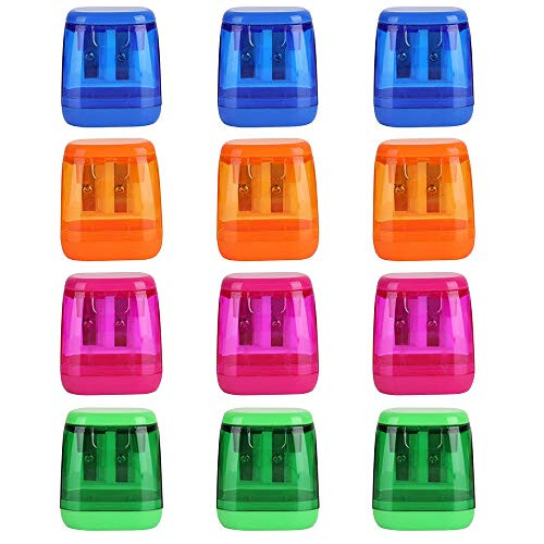 12 Pack Manual Pencil Sharpener for Kids Dual Holes Plastic Pencil Sharpener Bulk Small Handheld Pencil Crayon Sharpener with Lid for Home Office School Supply