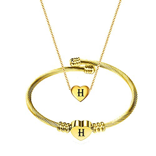 NIBASTAR Heart Inital Jewelry Set Stainless Steel Letter Necklace Bracelet for Women Girls Golden H