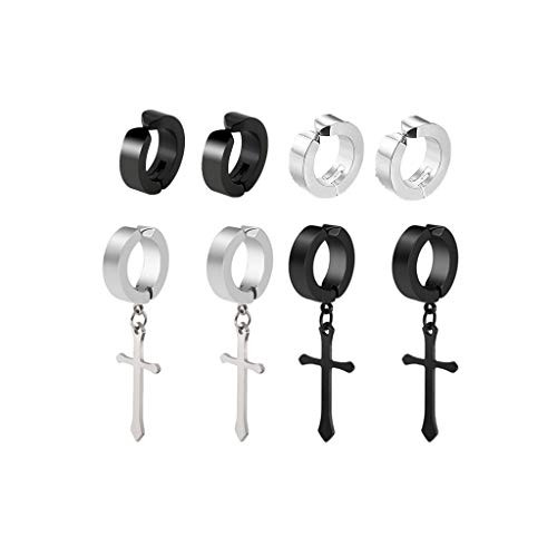 4 Pairs Non-pierced Clip On Hoop Earrings Set for Men Women Stainless Steel No Piercing Cross Dangle Ear Cuff Earrings for Graduation Easter Christmas