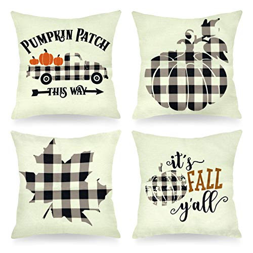 MENOLY 4 Pack Thanksgiving Fall Pumpkin Pillow Covers 18x18 Inches Autumn Throw Pillows Cases Thanksgiving Cotton Linen Decorative Pillow Cover for Couch Sofa Bed Cushion Square