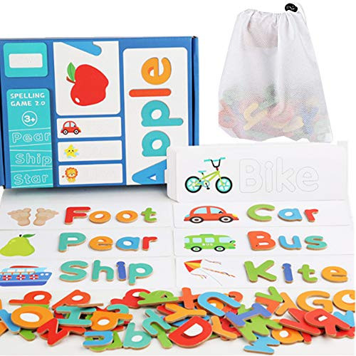 See and Spell Learning Toys Matching Letter Spelling Game Sight Words Puzzles Game Preschool Educational Toys for Kids 3-4 Year Old - Best Xmas Gifts33 Flash Cards and 78 Wooden Alphabet Blocks