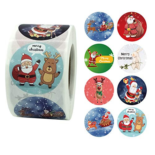 KOYOFEI Merry Christmas Stickers Labels Roll 1_5 Inch 8 Designs Round Christmas Tags 500 PCS Xmas Decorative Holiday Stickers for Cards Gift Envelopes Boxes