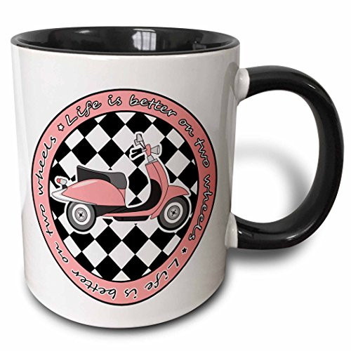3dRose mug_77576_4" Pink Retro Scooter - Life is Better on Two Wheels Two Tone Black Mug, 11 oz, Multicolor