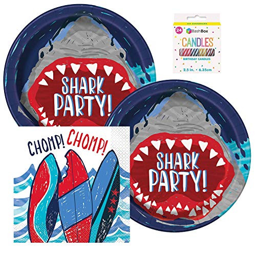 BashBox Shark Birthday Party Supplies Pack Including Plates and Napkins for 16 Guests