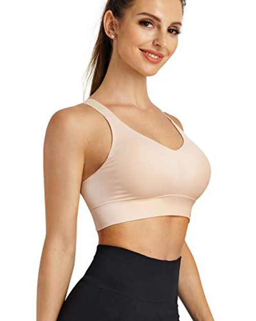 TrainingGirl Womens Seamless Racerback Sports Bra Wirefree Comfort Yoga Bra with Removable Pads Beige Large