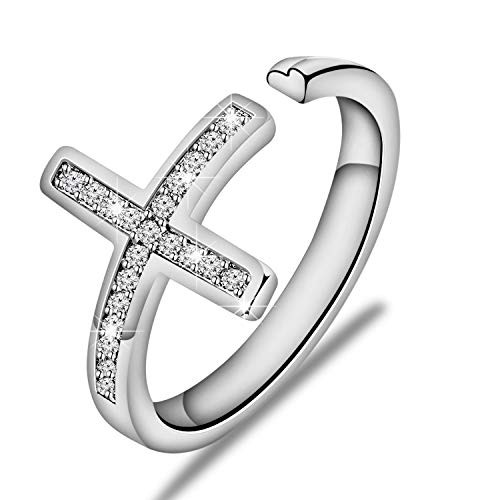 WUSUANED Christian Sideways Cross Adjustable Cuff Ring Religious Gift for Womens Girls Cross Ring