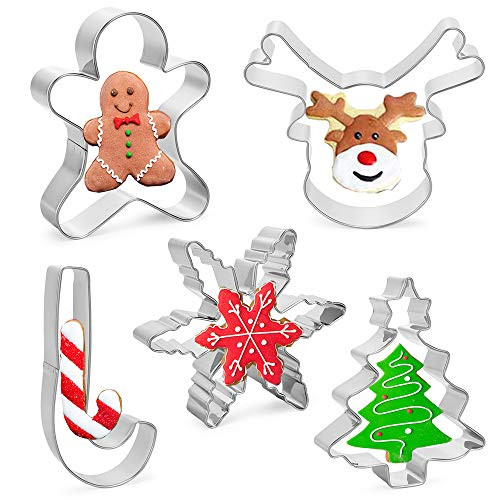 ZYTIN Christmas Cookie Cutters 5 piece Large Size - Christmas TreeGingerbread Man Snowflake ReindeerCandy Cane shapes Stainless Steel Molds for Cakes Biscuits  Sandwiches fondant and Pancakes