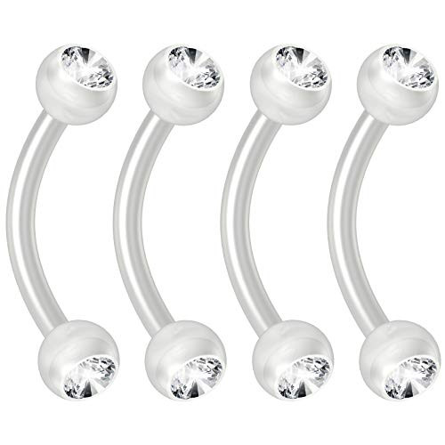4pc Bioflex Clear 16g 516 8mm Barbell Curved Piercing Jewelry Tragus Daith Cartilage 3mm Clear Crystal Ball Bioplast - CZ