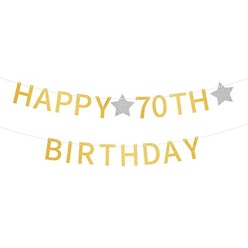Happy 70th Birthday Pre-strung Gold Glittery Banner 70 Year Old Birthday Party Decorations for Men Women