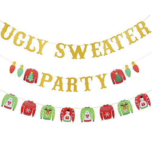 Ugly Sweater Party Banner Gold Glitter   Ugly Christmas Sweater Garland - Ugly Christmas Sweater Party Decorations Christmas Party Decorations Xmas Party Supplies Kids Ugly Christmas Sweater