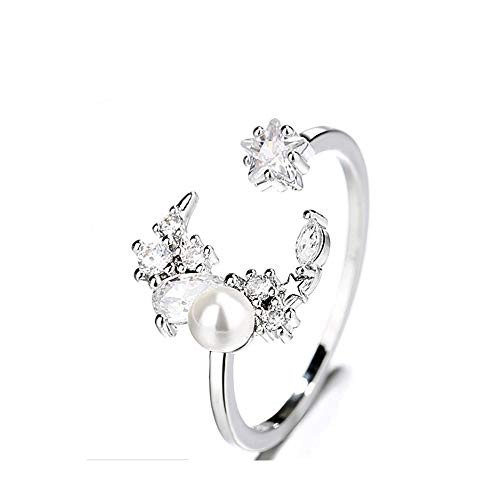 Tafeily Moon 925 Sterling Silver Open Ring Synthtic Pearl Adjustable Rings Zircon Finger Jewelry for Women and Girls Statement Ring Silver