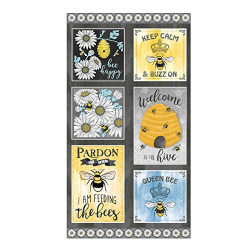 Michael Miller Queen Bee Welcome to the Hive Panel Charcoal Quilt Fabric