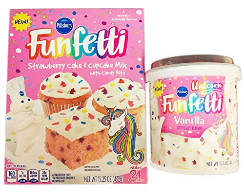 Pillsbury Unicorn Funfetti Cake Mix Kit Strawberry Cake and Cupcake Mix with Candy Bits and Vanilla Frosting Unicorn Cake and Cupcake with Vanilla Toppings Perfect For Holiday Birthday And Party