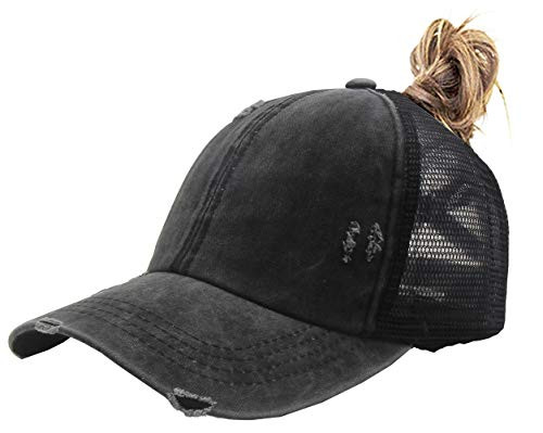 Criss Cross Baseball Caps Women Ponytail Mesh Hat Distressed High Messy Bun Trucker Ponycap Black One Size