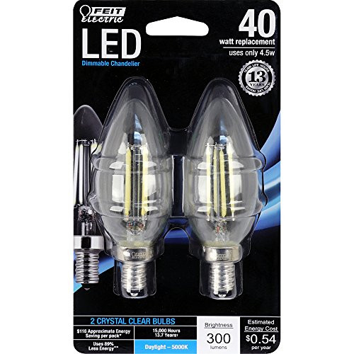 Feit Electric BPCTC40850LED2 Chandelier Bulb Candelabra Base Clear Torpedo Tip 40 Watt Equivalent Daylight 5000K 2 Pack