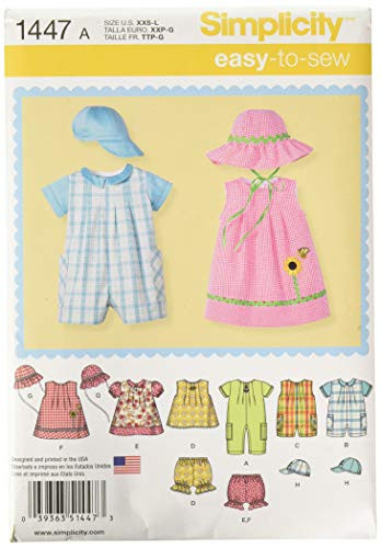 Simplicity 1447 Babys Romper Dress Top Underwear and Hat Sewing Patterns Sizes XXS-L