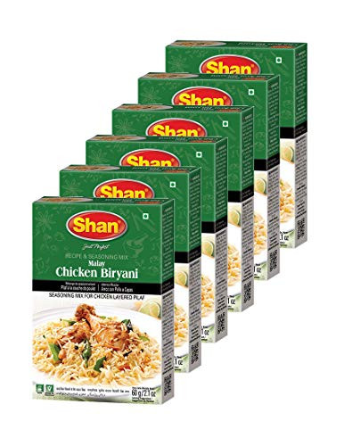 Shan Malay Chicken Biryani Recipe and Seasoning Mix 60g Spice PowderPack of 6 - No Preservatives - Tasty rice dish meat layered Pilaf