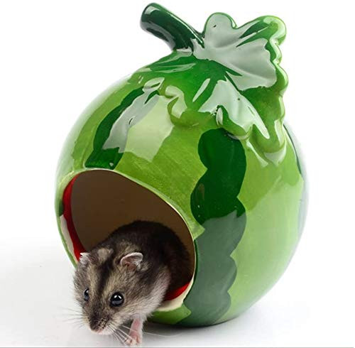 gutongyuan Hamster Hideout Ceramic Adorable Cartoon Shape Hamster House Chinchilla Mini Hut Small Animal Hideout Cave Cage Accessories Watermelon
