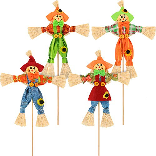 Blulu 4 Pieces Halloween Harvest Scarecrow Decor Fall Scarecrows Garden Small Autumn Scarecrow Decoration for Thanksgiving Party Outdoors
