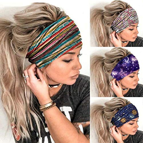 Derora Boho Headbands Stretch Yoga Knotted Hairbands Wide Turban Headpiece Elastic Hair Wraps Vintage Hair Accessories for Women and Girls Pack of 4