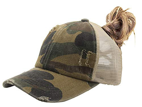 Criss Cross Baseball Caps Women Ponytail Mesh Hat Distressed High Messy Bun Trucker Ponycap Camo