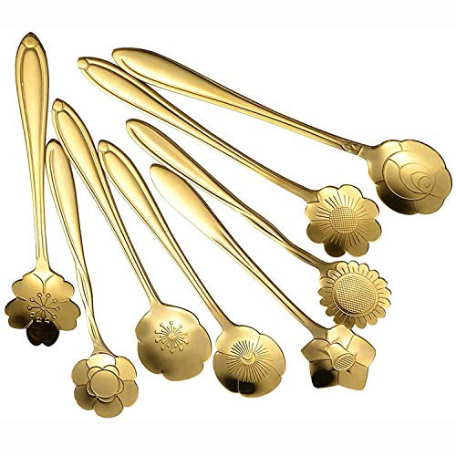 16Pcs Flower Coffee Spoon Stainless Steel Tea Spoon Gold Dessert Stirring Spoon Set Creative Coffee Spoon Sugar Spoon Ice Cream Spoon Tea Spoon Milkshake Spoon for Tableware Kitchen Cafe Gold