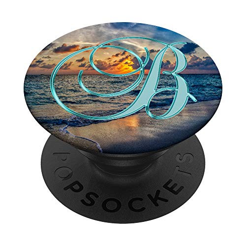 B Teal Beach Ocean Waves Sand Sunset Monogram Initial Letter PopSockets Grip and Stand for Phones and Tablets