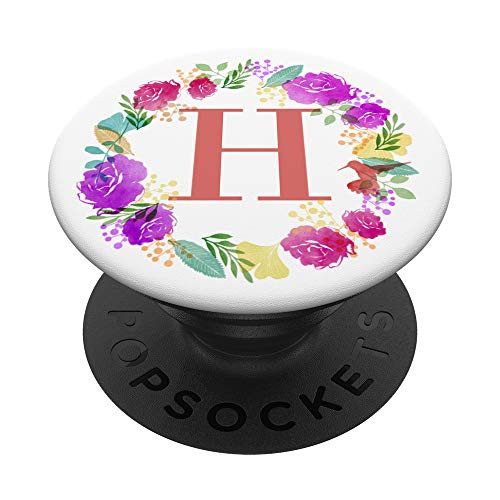 Mint Purple Letter H Initial Hummingbird Flowers Monogram PopSockets Grip and Stand for Phones and Tablets