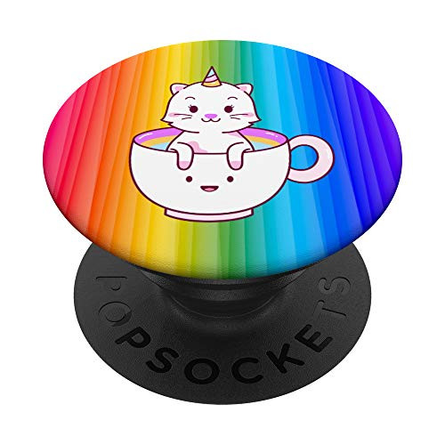 Rainbow Gay Pride Cute Unicorn Kitty Cat Happy Tea Cup Gift PopSockets Grip and Stand for Phones and Tablets