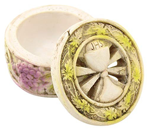 First Communion Rosary Box Keepsake with IHS Chalice and Grape Vine Decorations 2 12 Inch First Communion Rosary Box Keepsake with IHS Chalice and Grape Vine Decorations 2 12 Inch