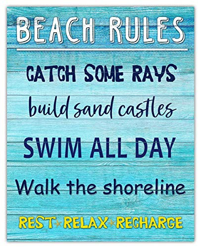 Beach Rules Typography Wall Art Print Unique Beach House Decor - 8x10 Unframed Picture - Great Gift Idea Under 15
