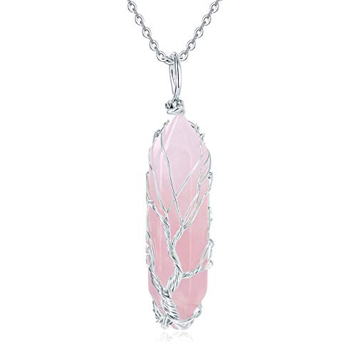 XIANNVXI Tree of Life Wire Wrapped Crystal Point Pendant Necklace Reiki Healing Crystal Stone Rose Quartz Necklaces Natural Hexagonal Gemstone Jewelry for Women