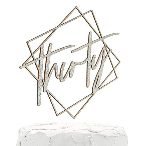 NANASUKO 30th Birthday Cake Topper - thirty - with Modern Geometric Frame - Double Sided Silver Glitter - Premium Quality Made in USA