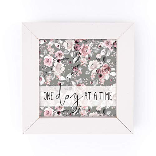 P_ Graham Dunn One Day at A Time Grey Floral 5 x 5 Pine Wood Decorative White Framed Art Sign