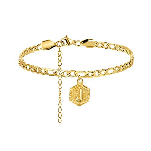 18K Real Gold Initial Anklets for Women Teen Girls Fancy 80th Birthday Gifts Personalized Letter J Figaro Chain Ankle Bracelets Alphabets Stainless Steel Cute Dainty Handmade Beach Foot Jewelry