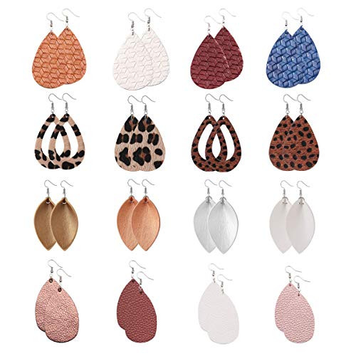 Leather Earrings Teardrop for Women Leopard Print Leather Earrings Lightweight Faux Leather Leaf Earrings 16 Pairs