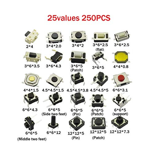 DaFuRui 250pcs 25 Values Tactile Switch Push Button Switch Micro Momentary Tact Assortment Kit