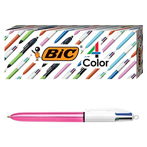 BIC 4-Color Shine Ballpoint Pen, Pink Barrel, Medium Point (1.0mm), Assorted Inks, 3-Count