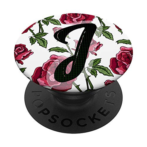 Letter J - Monogram Name Initials with a red rose pattern PopSockets Grip and Stand for Phones and Tablets