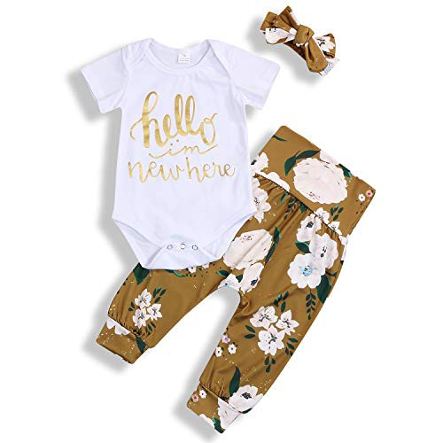 Newborn Infant Baby Girl Outfits Isnt She Lovely Romper  Sunflower Pants with Headband Clothes Set 6-12 Months Hello