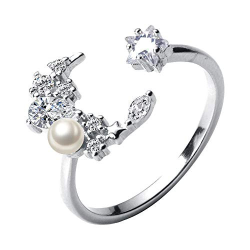 Crystal Star Cresent Moon Open Eternity Ring Sterling Silver Dainty CZ Pearl Adjustable Wedding Engagement Ring Band for Women Girls