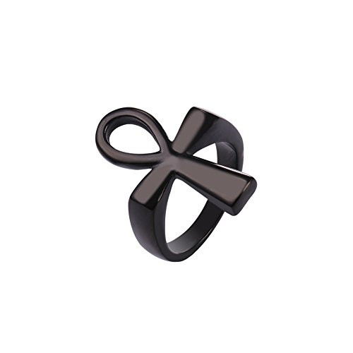U7 Ankh Ring Mens Statement Ring Stainless Steel Black Color Ancient Egyptian Cross Ring Size 9
