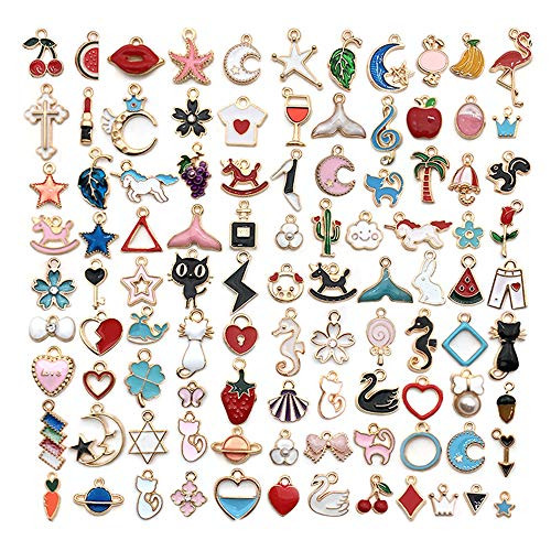 100pcs Assorted Enamel Gold Plated Animal Heart Moon Star Fruit Charm Pendant DIY for Necklace Bracelet Jewelry Making and Crafting