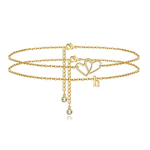 Turandoss Initial Heart Ankle Bracelets for Women 14K Gold Filled Layered Anklet Beach Style Initial Ankle Bracelets for Women Anklet with Initials H