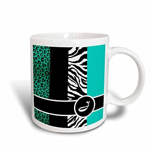 3dRose Elegant Animal Print Monogram Teal J Ceramic Mug 11-Ounce