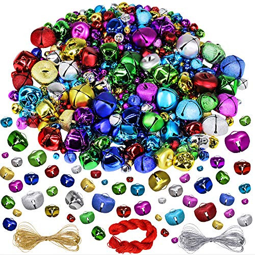 480 Pcs Christmas Jingle Bells Bulk Colorful Craft Bells Holiday Metal DIY Bells 6 Sizes 0_2 to 1 7 Colors Shiny Matte Frosted with String for Christmas Festival Decorations Jewelry Making Crafts